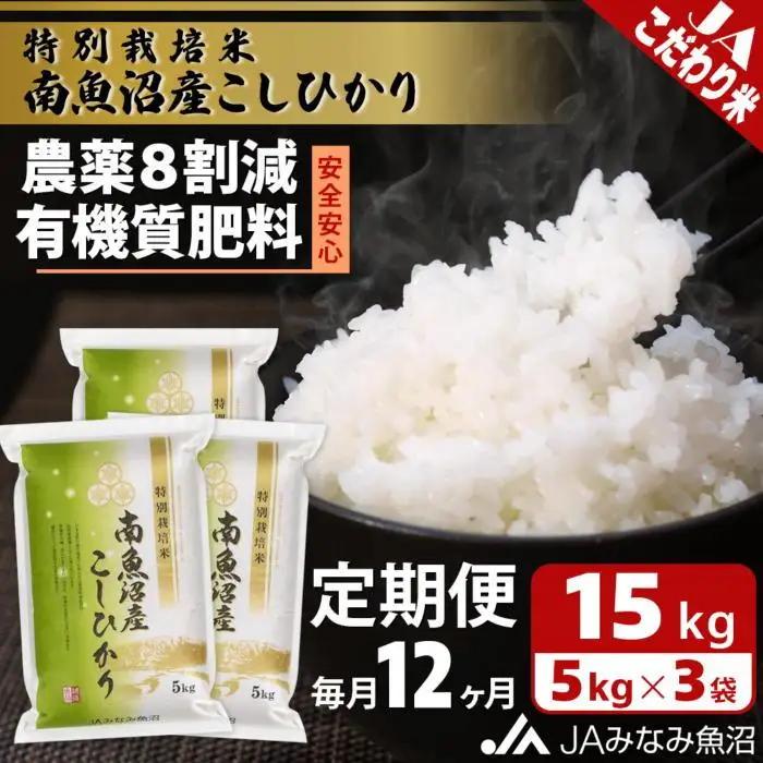 【JAみなみ魚沼定期便】特別栽培米南魚沼産こしひかり8割減（15kg×全12回）精米｜こしひかり