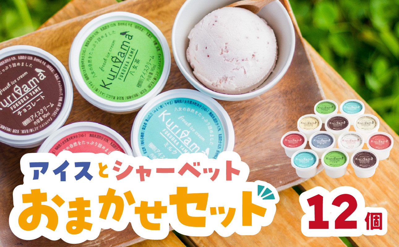 
            【お中元】アイスとシャーベット90ml 12個入りおまかせセット アイスクリーム 八女茶 ミルク バニラ いちご 黒ごま チョコ クリームチーズ カフェラテ ラムレーズン シャーベット 夏 デザート 福岡県 八女市
          