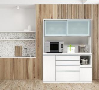 (ホワイト柾目)【開梱設置】サフラン キッチンボード 幅150cm キッチンボード 引き戸 食器棚 オープンボード 完成品 カップボード ダイニングボード 150幅 大川家具