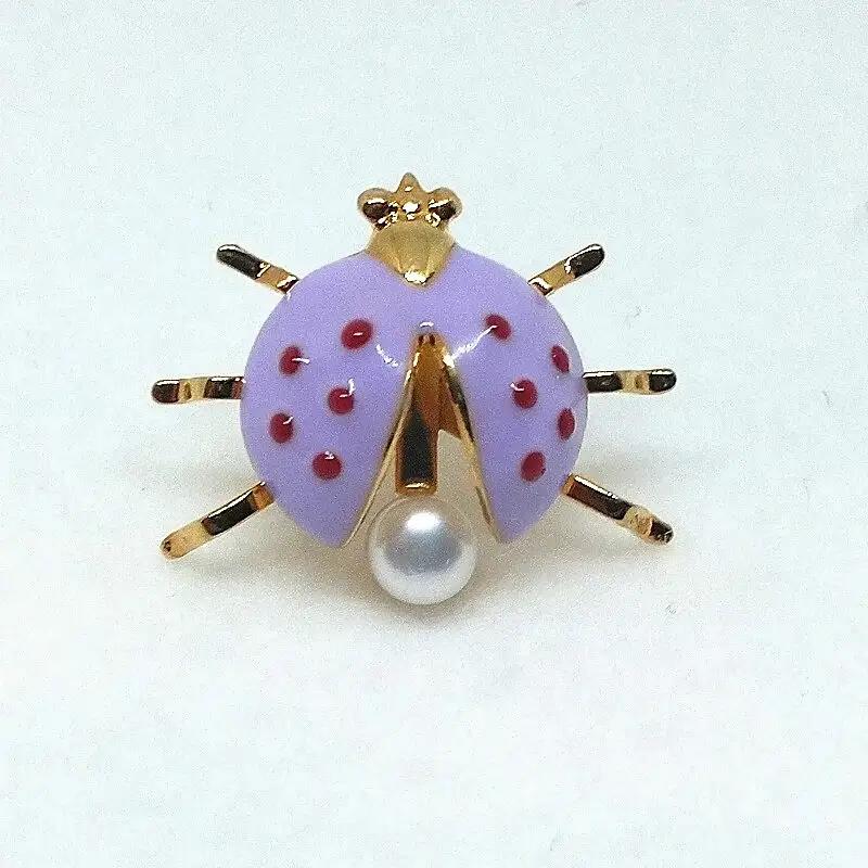 2112 真珠ピンブローチ・てんとう虫（紫）（淡水本真珠・ボタン）贈り物 かわいい カジュアル オシャレ クリスマスプレゼント アクセサリー
