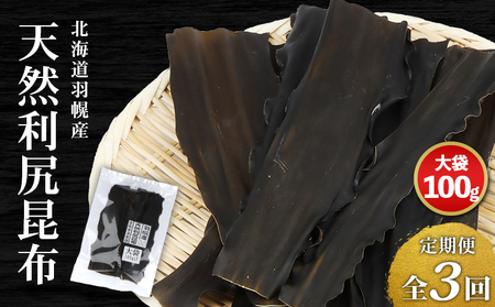 【定期便：全3回】北海道羽幌町産 天然利尻昆布（大袋）×100g【28007】