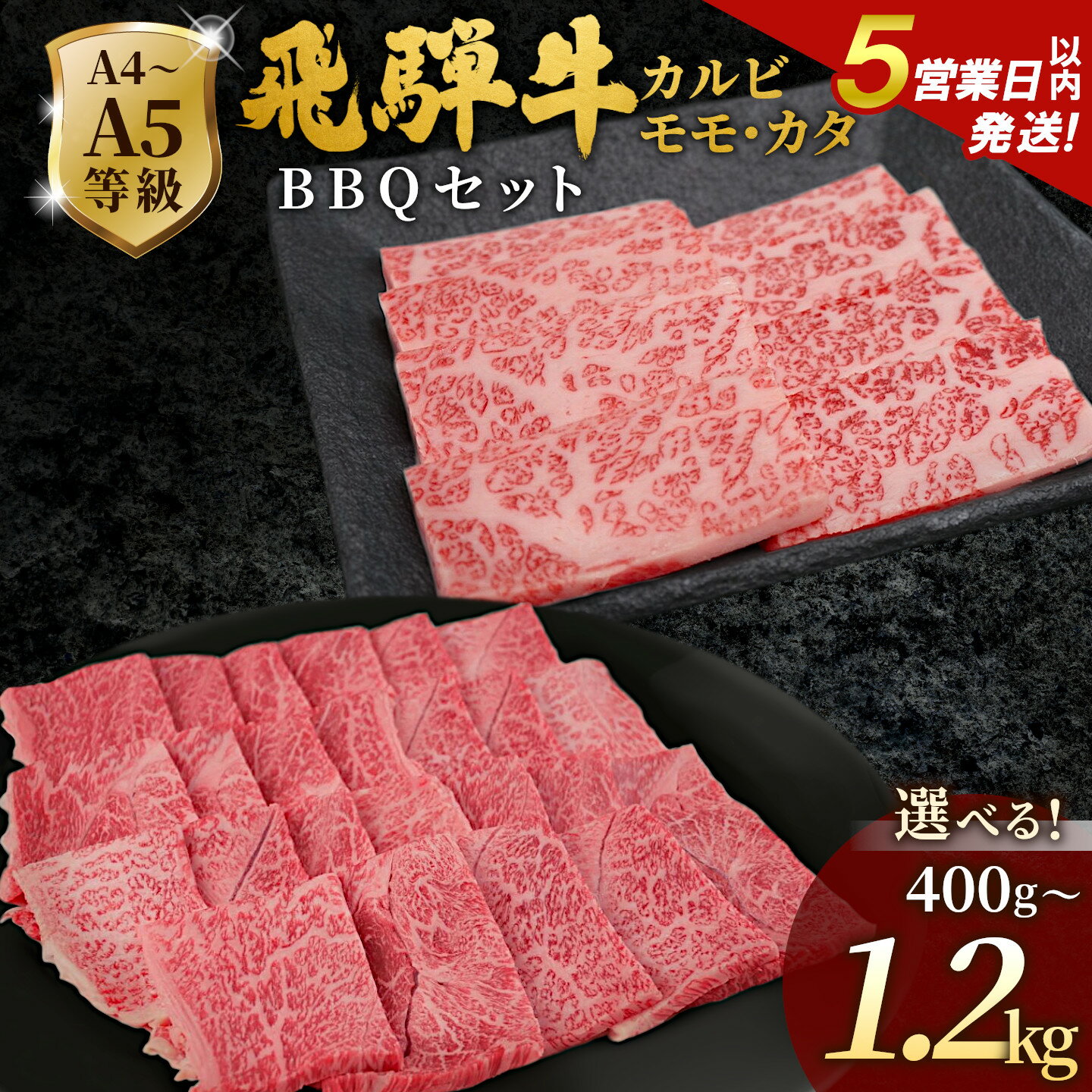 【ふるさと納税】【5営業日以内発送】飛騨牛 A4~A5等級 飛騨牛 BBQセット 計400g 計800g 計1.2kg (カルビ+もも・カタ焼肉用) 岐阜県産 A4 A5 焼肉 詰め合わせ 黒毛和牛 カルビ もも かた 赤身 牛肉 牛 国産 お取り寄せ 自宅用 和牛 大容量 小分け 最短発送 肉のひぐち