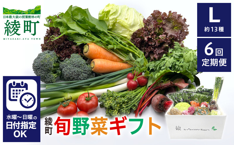 
            【6回定期便】綾町旬野菜ギフト〈 Lサイズ/約13種 〉4人以上分 産地直送 野菜セット 詰め合わせ 新鮮 有機栽培 旬 採れたて 野菜定期便 野菜 人参 トマト じゃがいも 玉ねぎ きゅうり さつまいも 芋 ねぎ 小松菜 大根 ほうれん草 キャベツ キノコ等 送料無料 【オーガニックのまち 宮崎県綾町】
          