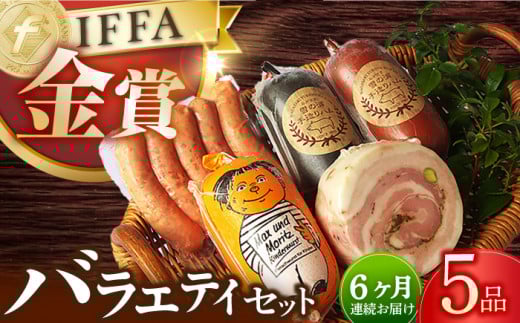 【国際大会金賞】【毎月5点×6回定期便】バラエティセット 毎月5品（計30品） / ビアシンケン リオナ ベリーロールブロック ヤークトヴルスト スモークウィンナー / 長与町 / 雪の浦手造りハム  [EAM036] 国産 ハム はむ ウインナー ういんなー 詰合せ 詰め合わせ 冷凍 肉 セット おつまみ バーベキュー BBQ 定期 定期便 毎月
