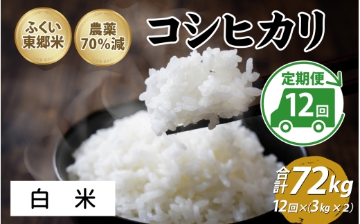 【定期便12ヶ月連続】令和8年産 新米ふくい東郷米 特別栽培米　農薬70％減コシヒカリ 6kg(3kg×2袋)×12ヶ月　合計72kg【白米】[O-020025_01]