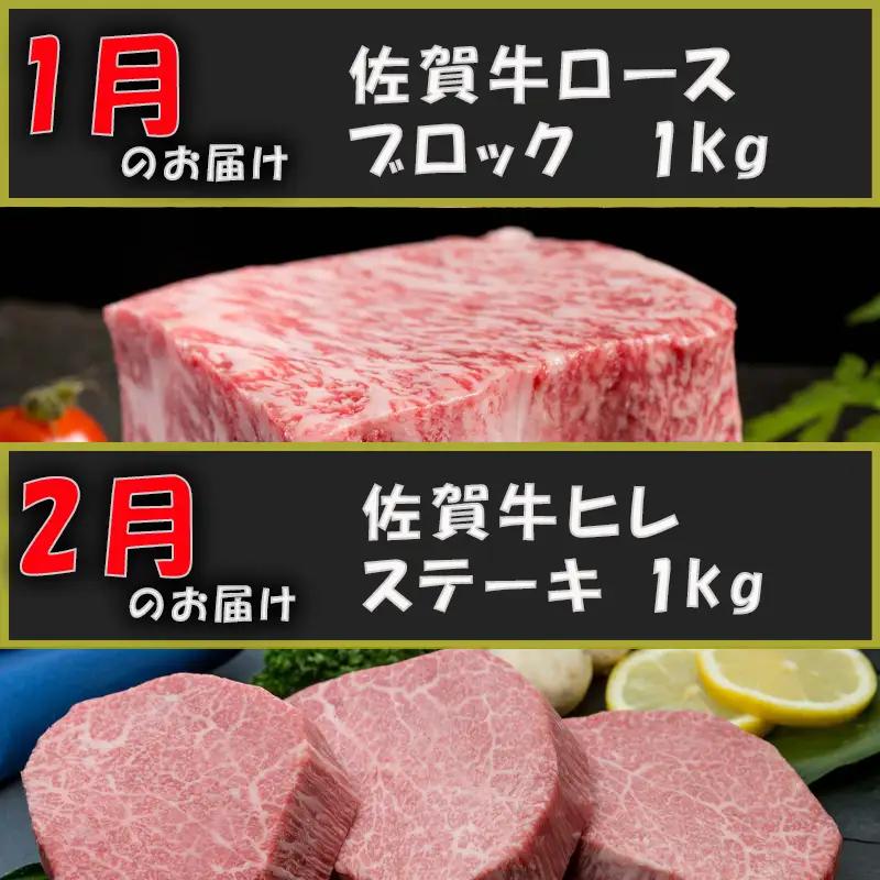 【定期便全12回】佐賀牛定期便「ロースブロック・ヒレステーキ(3回)・ローストビーフ(3回)・すき焼き用(ロース）・しゃぶしゃぶ用(ロース)・カルビ焼肉(ロース)・サーロイン・赤身ももブロック」 毎月