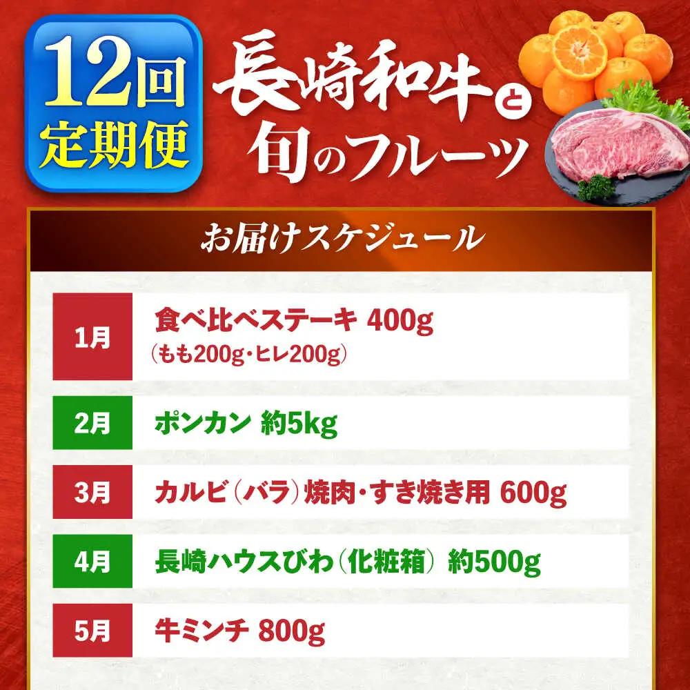 【12回定期便】長崎和牛と旬のフルーツが楽しめる バラエティ定期便 / フルーツ定期便 果物定期便 肉定期便 牛肉 びわ メロン ぶどう みかん / 南島原市 / 贅沢宝庫[SDZ053]