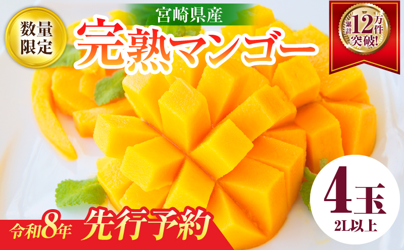 リピーター続出!!宮崎県産 完熟 マンゴー 2L以上×4玉 令和8年発送分 数量限定 フルーツ 果物 果汁 希少 濃厚 ジューシー 贅沢 上質 ご褒美 人気 国産 食品 おやつ デザート 産地直送 おすすめ ギフト プレゼント 贈り物 お土産 手土産 南国 日南市 送料無料_ED10-25