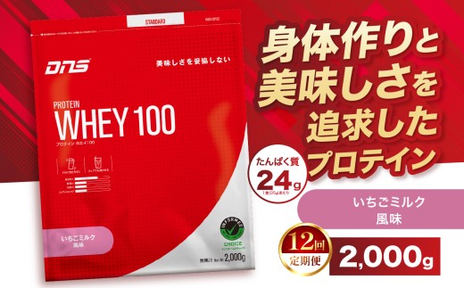 【定期便12回】DNS プロテインホエイ 100 いちごミルク 風味 2,000g  | プロテイン ホエイプロテイン いちご ミルク 人気 高たんぱく ダイエット 置き換え 栃木県 送料無料