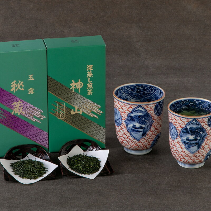 【ふるさと納税】宇治茶2種と清水焼山水組湯呑（宇治煎茶100g、宇治玉露100g、湯呑大、小）　〈お茶 茶 煎茶 緑茶 茶葉 高級 玉露 宇治 湯呑 工芸品 セット 木箱 飲料 食器 加工食品〉
