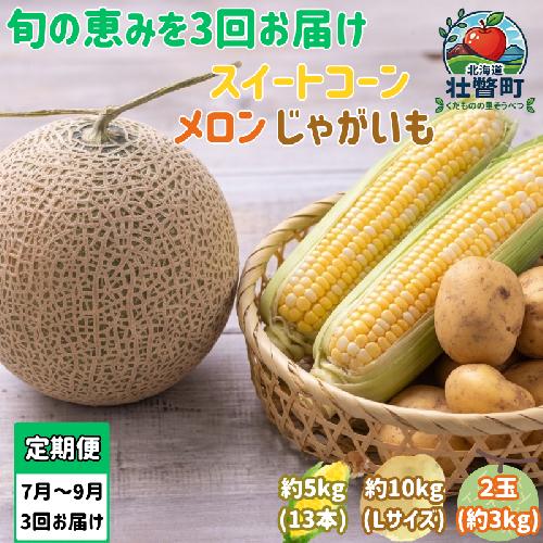【先行予約】【3回定期便】赤肉メロン2玉＋スイートコーン約5kg(13本)＋じゃがいも(とうや)約10kg 旬のフルーツ・野菜定期便＜7月下旬・8月上旬・9月下旬お届け＞ SBTN014