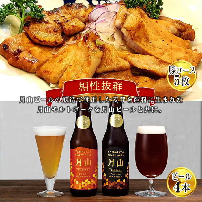 【ふるさと納税】 月山maltポーク「豚ロース味噌漬5枚」と「月山ビール4本」セット 地ビール お酒 詰め合わせ 詰合せ 山形県 西川町 FYN6-184