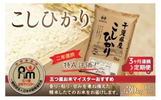 ＜3ヶ月定期便＞2年連続特A評価！千葉県産コシヒカリ10kg×3ヶ月連続 計30kg 【 ふるさと納税 米 お米 定期便 10kg 3か月 30kg 千葉県産 大網白里市コシヒカリ 精米 こめ 送料無料 】 E020