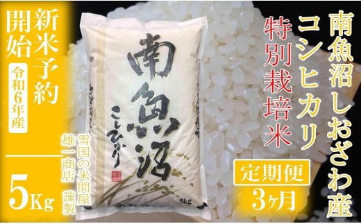 【新米予約・令和6年産】定期便3ヶ月：精米5Kg ※特別栽培※生産者限定 南魚沼しおざわ産コシヒカリ