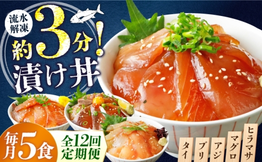 【12ヶ月 定期便】漬け丼 5種×1パック 計5食セット  | 漬け丼 定期便 海鮮 惣菜 冷凍 真空パック 小分け 海鮮丼 海鮮セット 詰め合わせ 旬の鮮魚 ハマチ カンパチ カツオ 鯖 サバ ヒラマサ 平政 マグロ アジ ヒラメ 鯛 漬け づけ丼 お茶漬け ごはん 山口県 宇部市