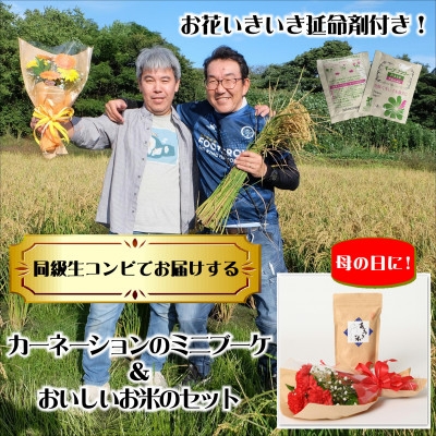 
                  母の日に!4月下旬以降順次発送　カーネーションブーケとおいしいお米のセット・お花長持ち栄養剤付き!【1706229】
                