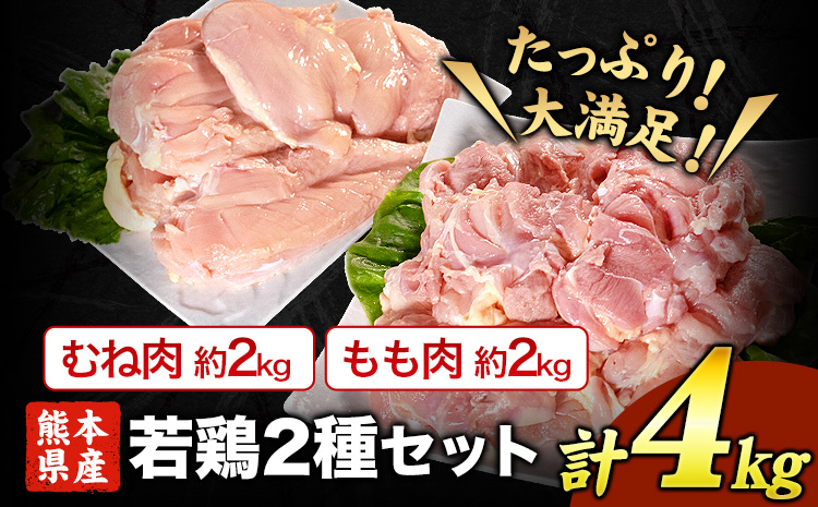 熊本県産 若鶏むね肉 約2kg/もも肉 約2kg 各1袋  《30日以内に出荷予定(土日祝除く)》 たっぷり大満足！計4kg！