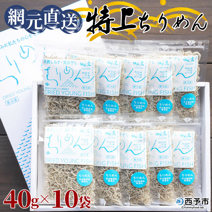 ＜天日干し 特上ちりめん 合計400g（40g×10袋）ギフト箱入り＞ じゃこ しらす 小魚 さかな ごはんのお供 贈答 御礼 小分け 無添加 愛媛県 西予市