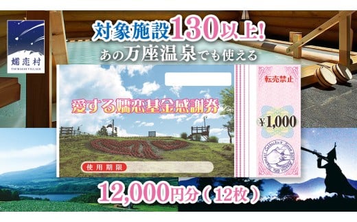 【12/23入金確認分まで 年内発送 】 嬬恋村 で使える 感謝券12,000円分 (12枚) 温泉総選挙 万座温泉 万座 鹿沢温泉 観光 旅行券 宿泊券 宿泊補助券 旅行 温泉 スキー ペンション ホテル 旅館 トラベル 父の日 母の日 敬老の日 浅間高原 鹿沢 バラギ 北軽井沢 エリア 関東 12000円 クーポン チケット 国内旅行 お泊り 日帰り 観光地応援 [AO005tu]
