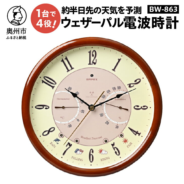 【ふるさと納税】 ウェザーパル電波時計 BW-863 温度計 湿度計 天気予測 気圧センサ内蔵 照度センサ搭載 感染症対策 天然木 掛け時計 壁掛け みずさわ気象計器 エンペックス社 [AJ142]
