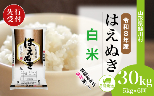 ＜令和8年産米先行受付＞ 令和8年12月中旬より配送開始 はえぬき【白米】30kg定期便 (5kg×6回)　鮭川村
