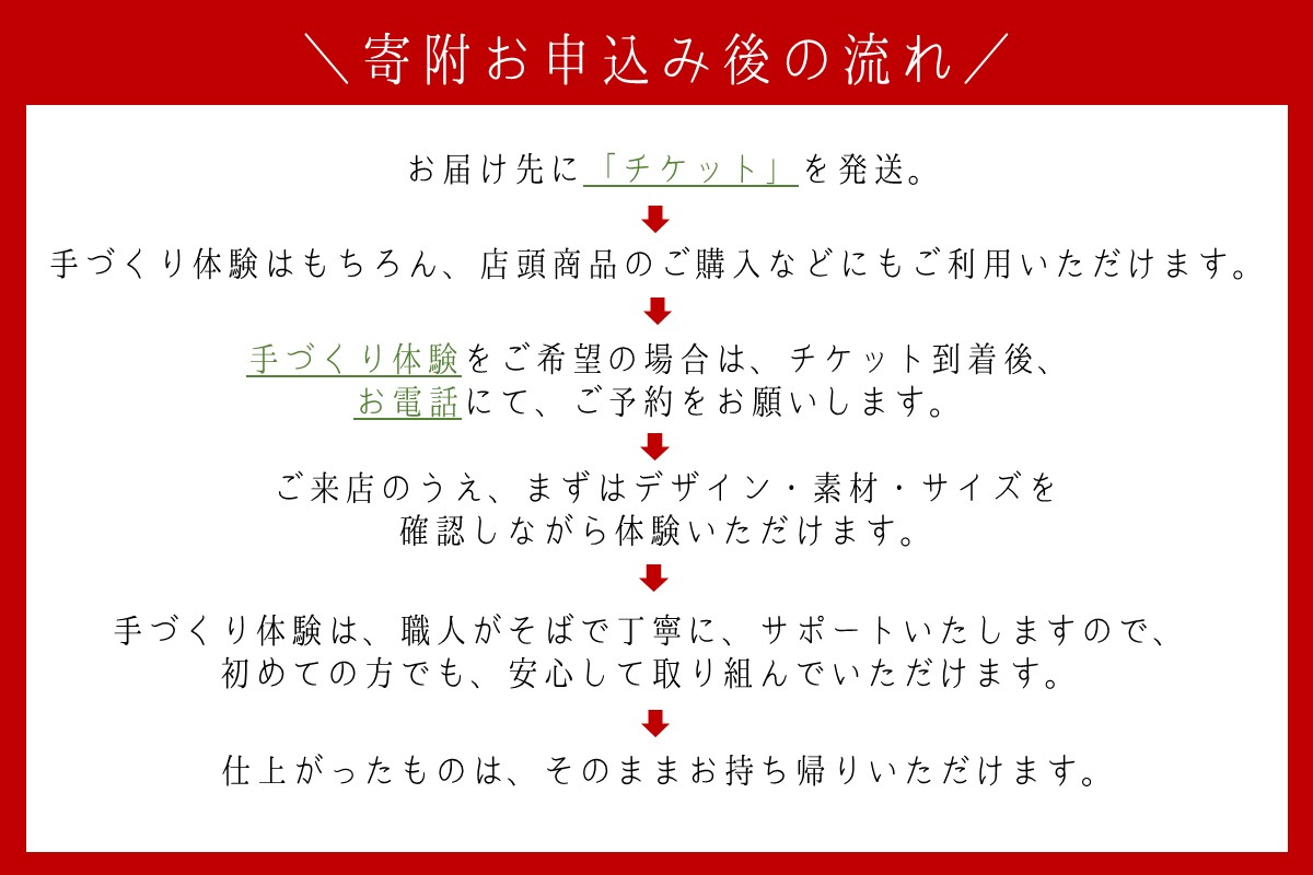 【E-112】手作り体験&サイズ直し&商品購入 来店チケット(15,000円分)