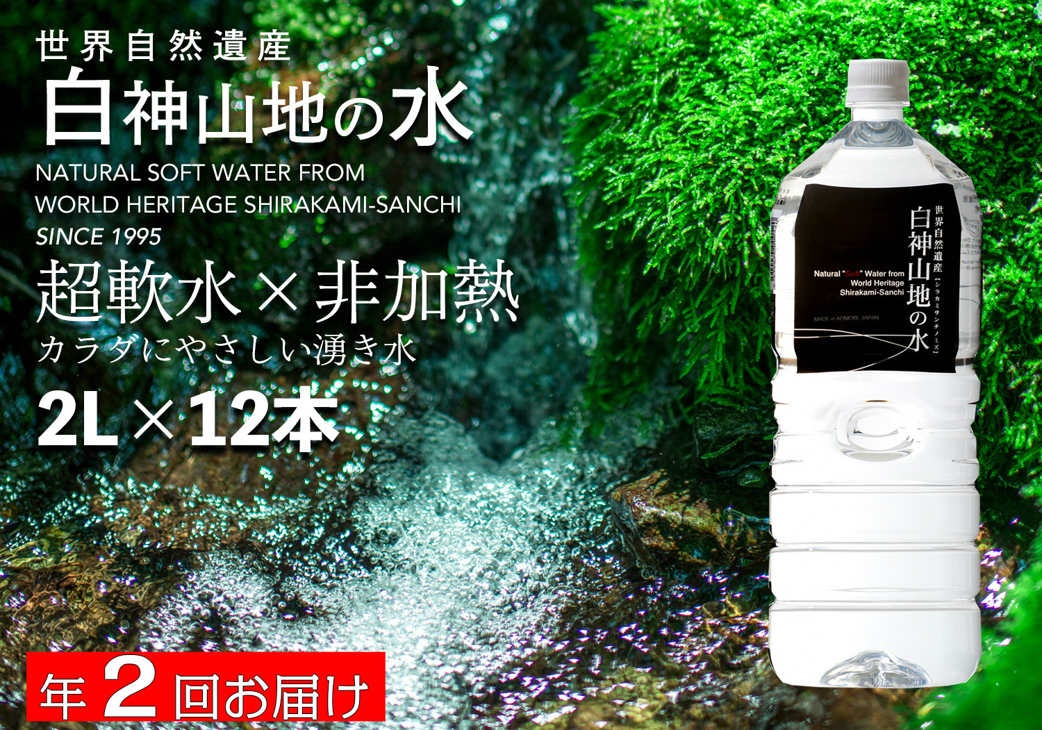 
白神山地の水2L×12本 年2回お届け！！定期便 ナチュラルウォーター 飲料水 軟水 超軟水 非加熱 弱酸性 湧水 湧き水 水 ウォーター ペットボトル 青森県 鰺ヶ沢町 国産
