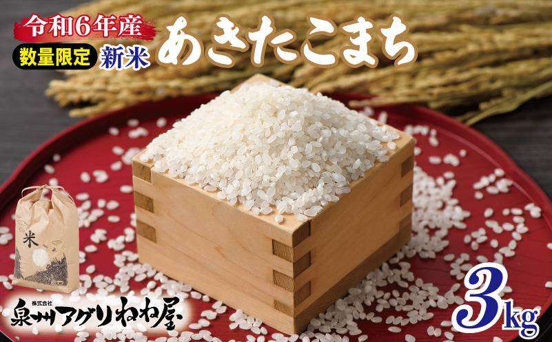 099H3020 【数量限定】令和6年産 ねね屋の新米 『あきたこまち』 3kg 泉佐野産 白米 お米