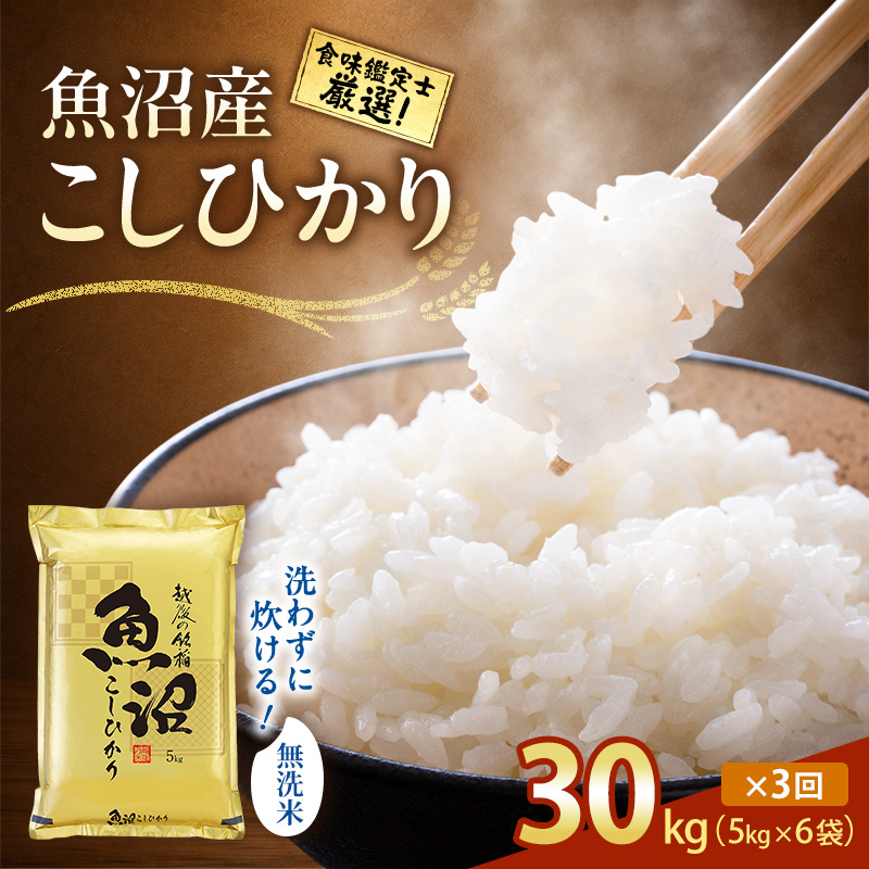 【令和8年産 先行予約】無洗米「3カ月定期便」食味鑑定士厳選！３０kg（５kg×６）×３回 白米 安心 安全 こだわり 米 コシヒカリ 定期 新潟県 十日町市