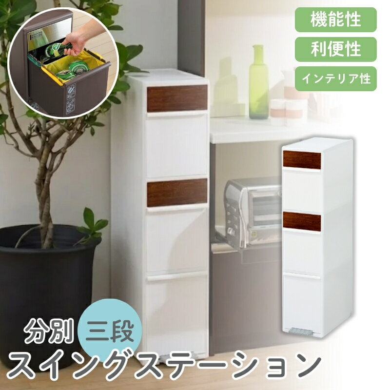 【ふるさと納税】分別スイングステーションワイド木目調パネル3段 BWP−12BSWS ホワイト ／ ライクイット ダストストッカー ゴミ箱 多分別 スイングパネル フットパネル 引っ越し祝い 奈良県 葛城市