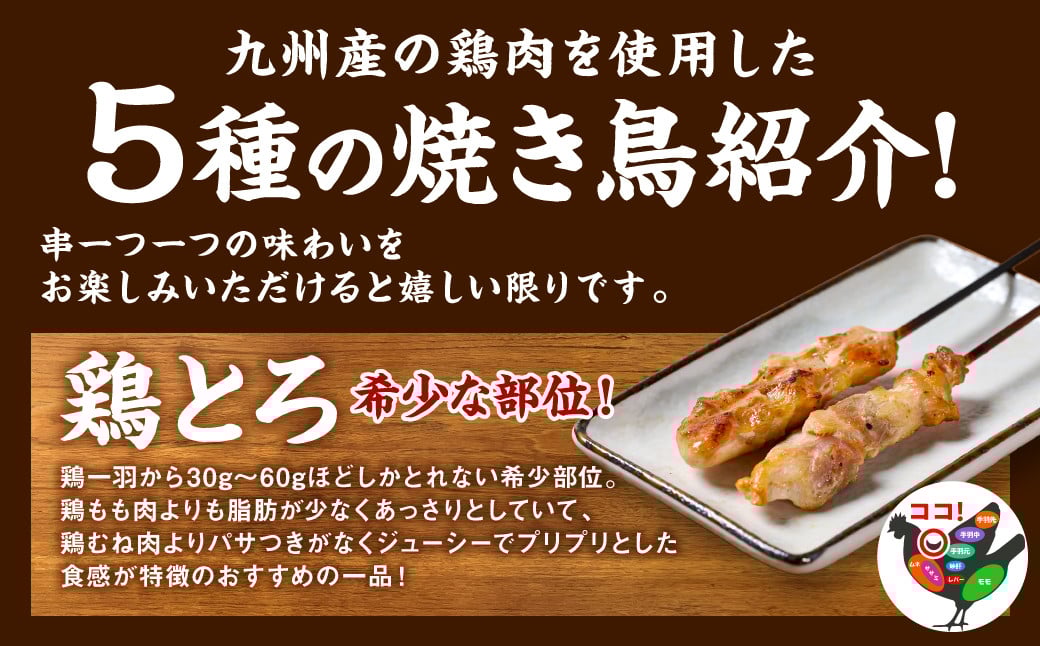 鶏ねぎま・鶏とろ・鶏もも・砂肝・つくねの5種類を小分けパックにてお届け！