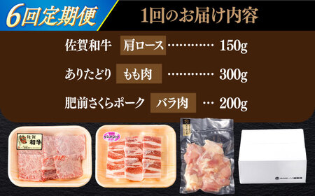 【6回定期便】佐賀和牛・ありたどり・肥前さくらポーク 焼肉セット 計650g【一ノ瀬畜産】[NAC169]