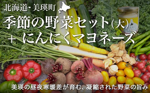 
                  あらいふぁーむ 季節の野菜セット【大】＆にんにくマヨネーズ | 野菜 セット 詰め合わせ 旬野菜 美瑛産野菜 無農薬 多品種野菜 北海道 美瑛 美瑛町 北海道産 美瑛産 にんにく ニンニク マヨネーズ 調味料 ガーリック ドレッシング [031-12]
                