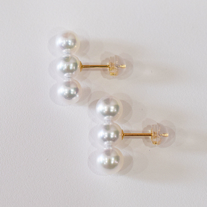 S085-581_あこや真珠 天草 ピアス 3連 6mm - 6.5mm ホワイトピンク 真珠