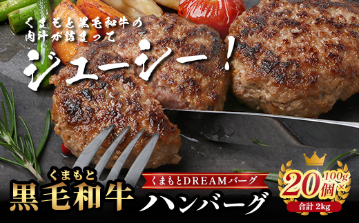 くまもと黒毛和牛 DREAMバーグ 100g×20個 【計2kg】 生 ハンバーグ 牛肉 100％ ブランド牛 黒毛 和牛 お弁当 熊本 上質 肉 惣菜 冷凍 小分け 熊本県 113-0541