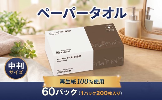 ペーパータオル 200枚 × 60パック 再生紙 使い捨てタオル 中判 ソフトタイプ レギュラー 手拭き キッチン 掃除 備蓄 防災 生活用品 消耗品 吸水 使い捨て ハンドタオル 紙タオル 圧縮 梱包 エンボス加工 株式会社TSC TSC001
