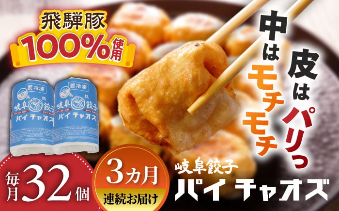 
            【3回定期便】 餃子 岐阜32個入り（パイチャオズ） ぎょうざ 冷凍餃子 お取り寄せ 中華 おかず 夕食 焼き餃子 揚げ餃子 岐阜 冷凍配送 おすすめ 人気 3ヶ月 3回 定期便 32個 セット 詰め合わせ 飛騨豚 厚皮 パリパリ モチモチ 点心 中華惣菜 パーティー 家飲み 宅飲み ギフト プレゼント 贈り物 贈答 岐阜市 / MABUCHIKOGYO [ANEY006]
          