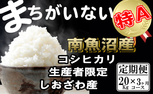 【令和7年産】【定期便】生産者限定 契約栽培　南魚沼しおざわ産コシヒカリ（20Kg×3ヶ月）【2025年10月上旬より順次発送予定】
