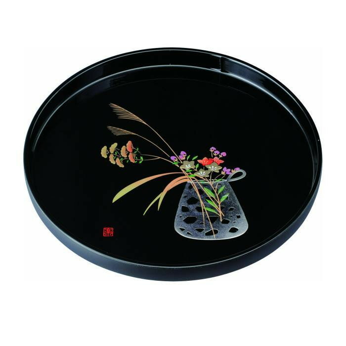 【ふるさと納税】丸盆 30cm 黒 盛絵花かご ［YG465］ | 工芸品 日用品 キッチン お盆 送料無料 おすすめ 人気