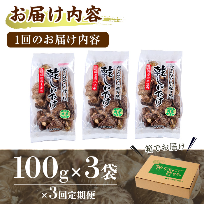 【定期便・全3回(毎月)】乾椎茸肉厚どんこ(計900g・100g×3袋×3回)宮崎県産 原木栽培 特選 干し椎茸 しいたけ きのこ【NK013】【宮崎県農業協同組合　高千穂地区本部】