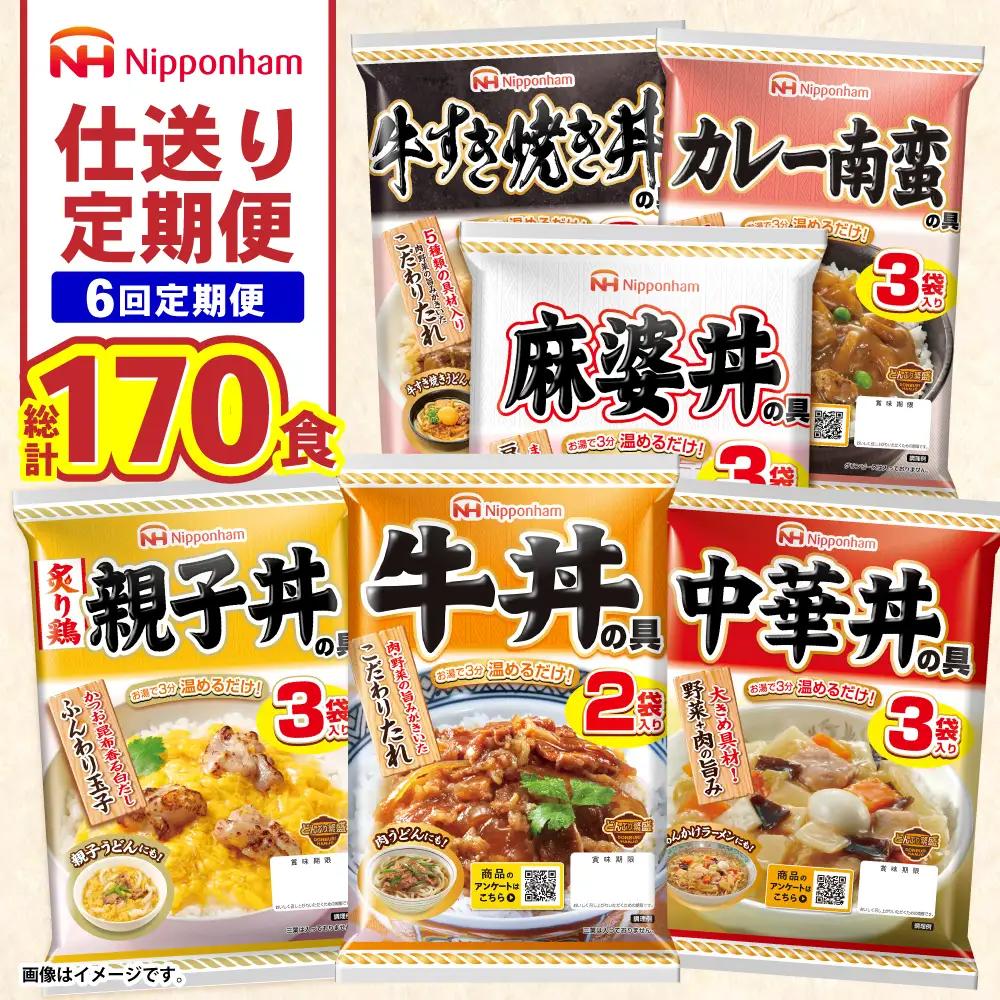 【6回定期便】仕送り定期便（丼コース） 6種 170食分 / 小分け レトルト どんぶり 丼 簡単 温める 仕送り 大学生 一人暮らし 単身赴任 防災 保存食 長期保存 常温 / 諫早市 / 日本ハム[AHAL029]