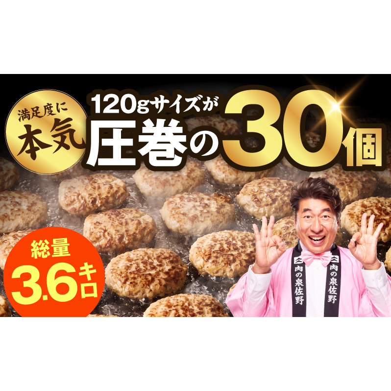 肉の泉佐野 ハンバーグ 30個（合計3.6kg）【黒毛和牛 なにわポーク入り 120g×30個 小分け 冷凍 ストック 人気 総菜 はんばーぐ 訳あり 簡単調理 おかず お弁当】 CFX0115_イメ