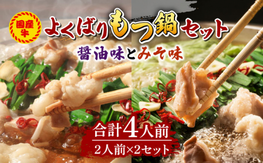 国産牛 よくばりもつ鍋 セット 醤油味2人前&みそ味2人前（計4人前）〆はマルゴめん 福岡県産の米粉麺《築上町》【株式会社マル五】[ABCJ035]