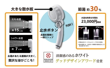 マイクロナノバブル シャワーヘッド「バブリーミスティ2.0（白）」ストップボタン有 [No.695]