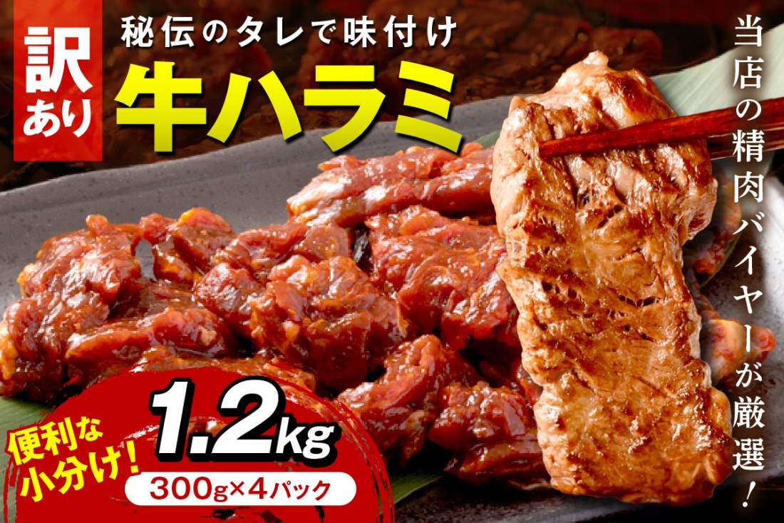 【訳あり】牛ハラミ（サガリ） 秘伝のタレ込み 味付け肉 1.2kg（300g×4パック） 牛肉 訳あり はらみ さがり 味付け肉 小分け 個包装 牛肉 タレ漬け 手作り 焼肉 肉 牛ハラミ わけあり 訳有り ワケアリ 焼肉 日用品　YK00462