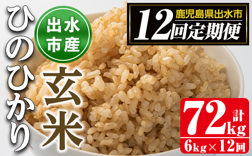 i663 ＜定期便・計12回(連続)＞鹿児島県出水市産ひのひかり玄米＜(3kg×2袋・計6kg)×全12回＞ 米 玄米 お米 6kg 計72kg 定期便 国産 ヒノヒカリ おにぎり 自家脱穀 ごはん お米マイスター 厳選 【田上商店】