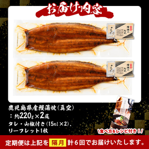 s733 【隔月・定期便6回】＼特大サイズ／ 鹿児島県産 鰻蒲焼真空セット！(計約2.64kg・約220g×2尾×6回) タレ・山椒付！ 鹿児島 九州産 国産 うなぎ ウナギ 鰻 土用の丑の日 蒲焼き
