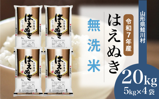 ＜令和7年産米＞ 令和8年3月下旬発送　はえぬき 【無洗米】 20kg （5kg×4袋） 鮭川村