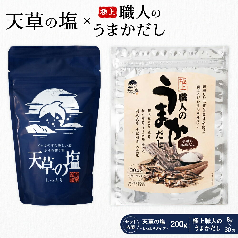 【ふるさと納税】天草の塩・極上職人のうまかだしセット 天草の塩(しっとりタイプ) 200g 極上職人のうまかだし 8g×30包 九電産業株式会社 《30日以内に出荷予定(土日祝除く)》熊本県 苓北町 塩 だし salt だしパック 和食 調味料 天草の塩 天草 苓北 熊本 送料無料