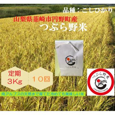 ふるさと納税 韮崎市 【毎月定期便】つぶら野米(品種:コシヒカリ) 白米3kg 定期10ヶ月(計30kg)全10回